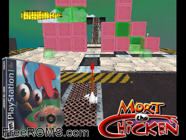 Mort The Chicken PSX game showing 3D box cover and gameplay screenshot