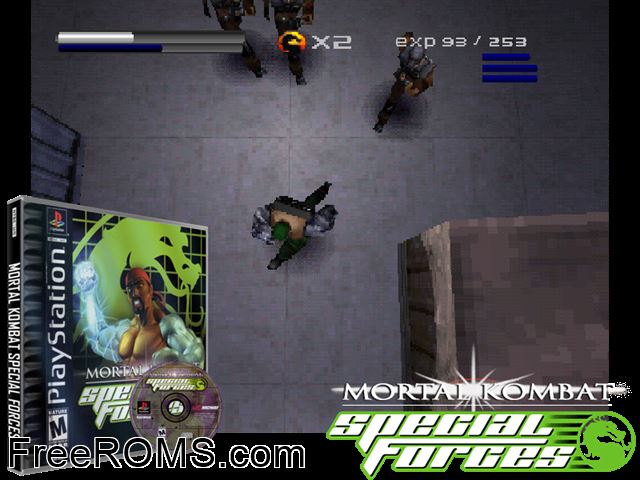 Mortal Kombat - Special Forces PSX game showing 3D box cover and gameplay screenshot