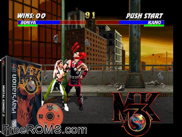 Mortal Kombat 3 PSX game showing 3D box cover and gameplay screenshot