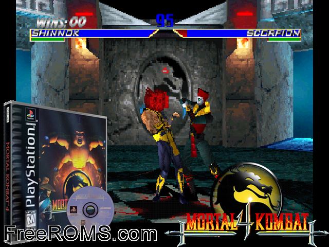Mortal Kombat 4 PSX game showing 3D box cover and gameplay screenshot