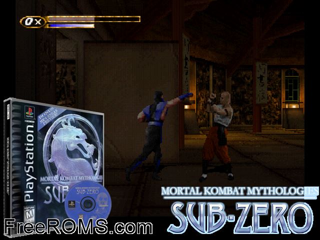 Mortal Kombat Mythologies - Sub Zero 0 PSX game showing 3D box cover and gameplay screenshot