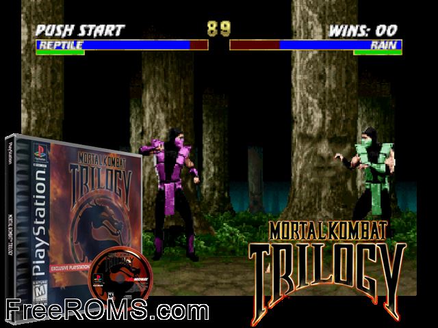 Mortal Kombat Trilogy PSX game showing 3D box cover and gameplay screenshot
