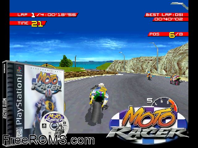 Moto Racer PSX game showing 3D box cover and gameplay screenshot