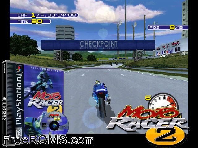 Moto Racer 2 PSX game showing 3D box cover and gameplay screenshot