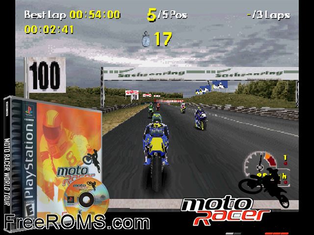 Moto Racer World Tour PSX game showing 3D box cover and gameplay screenshot