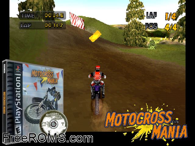 Motocross Mania PSX game showing 3D box cover and gameplay screenshot