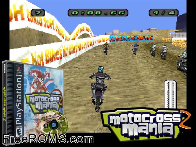 Motocross Mania 2 PSX game showing 3D box cover and gameplay screenshot