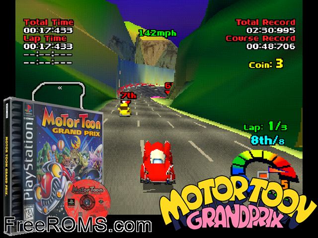 Motor Toon Grand Prix PSX game showing 3D box cover and gameplay screenshot