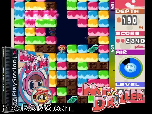 Mr. Driller PSX game showing 3D box cover and gameplay screenshot