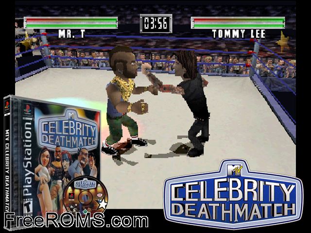 MTV Celebrity Deathmatch PSX game showing 3D box cover and gameplay screenshot
