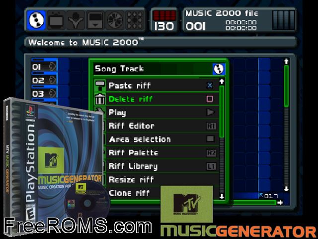 MTV Music Generator PSX game showing 3D box cover and gameplay screenshot