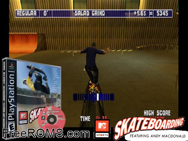 MTV Sports - Skateboarding featuring Andy MacDonald PSX game showing 3D box cover and gameplay screenshot