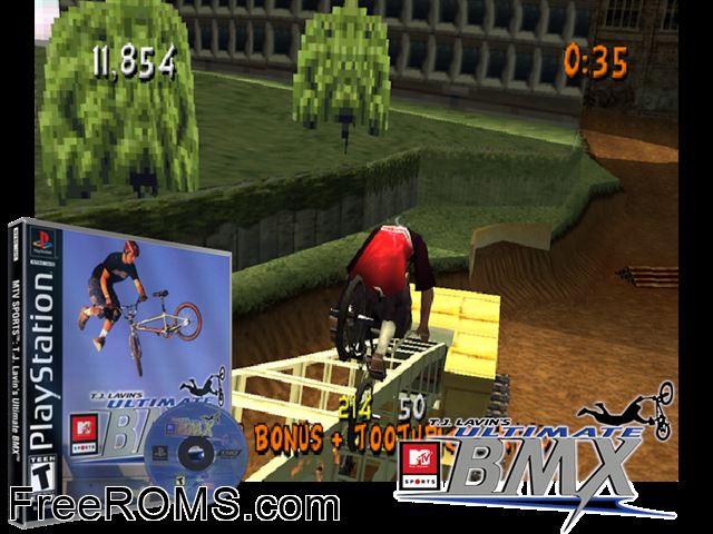 MTV Sports - TJ Lavin's Ultimate BMX PSX game showing 3D box cover and gameplay screenshot