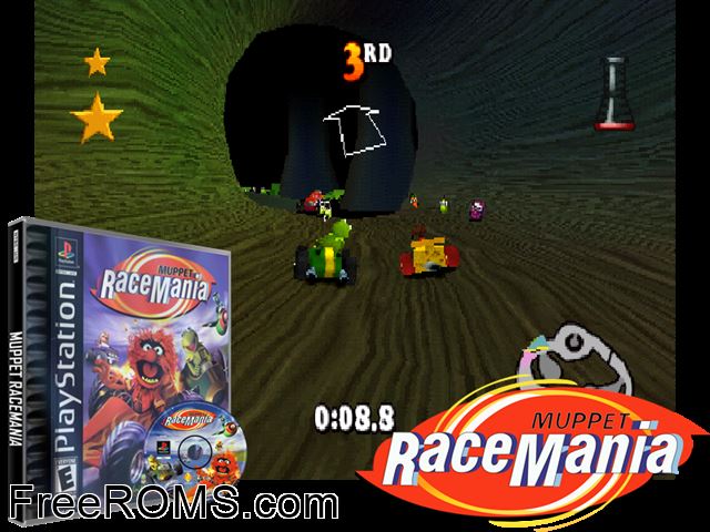 Muppet Race Mania PSX game showing 3D box cover and gameplay screenshot