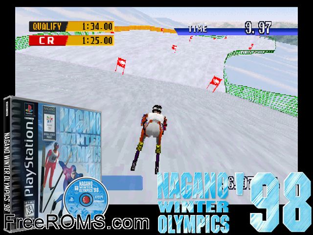 Nagano Winter Olympics '98 PSX game showing 3D box cover and gameplay screenshot