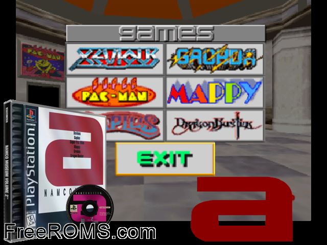 Namco Museum Vol.2 PSX game showing 3D box cover and gameplay screenshot