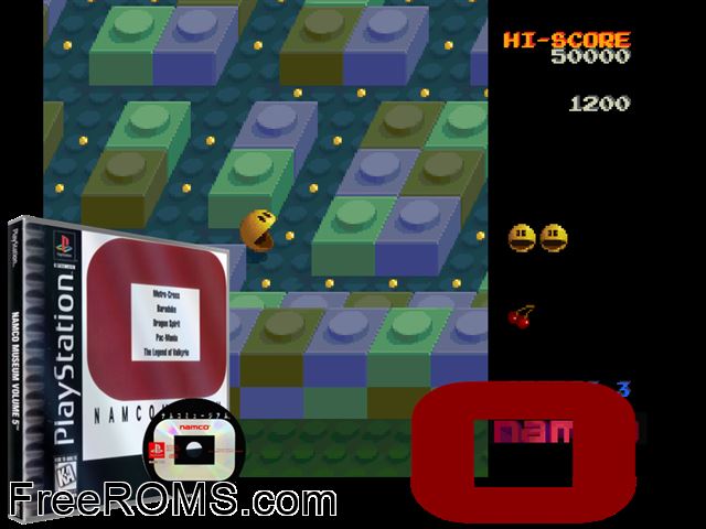 Namco Museum Vol.5 PSX game showing 3D box cover and gameplay screenshot