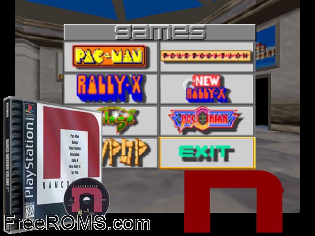 Namco Museum Vol. 1 PSX game showing 3D box cover and gameplay screenshot