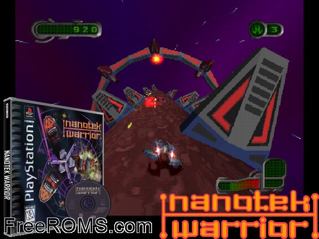 NanoTek Warrior PSX game showing 3D box cover and gameplay screenshot