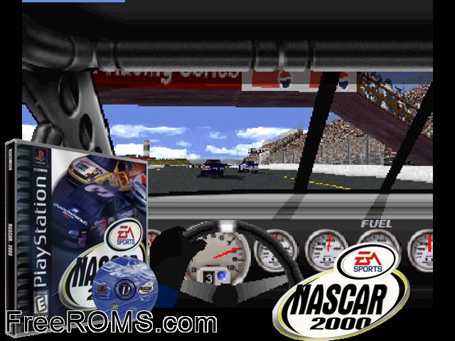 NASCAR 2000 PSX game showing 3D box cover and gameplay screenshot