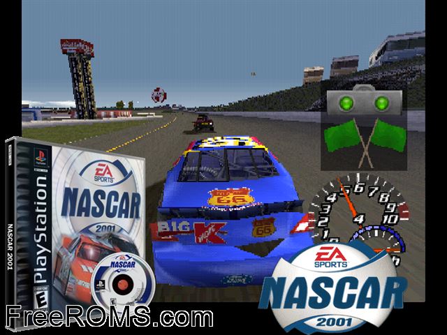 NASCAR 2001 PSX game showing 3D box cover and gameplay screenshot