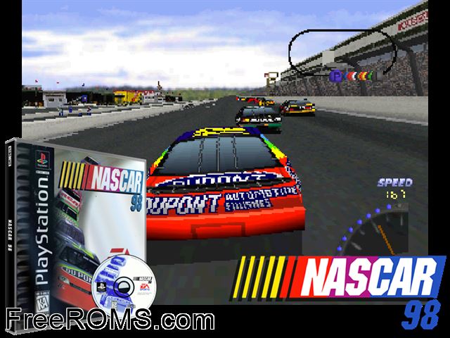 NASCAR '98 PSX game showing 3D box cover and gameplay screenshot