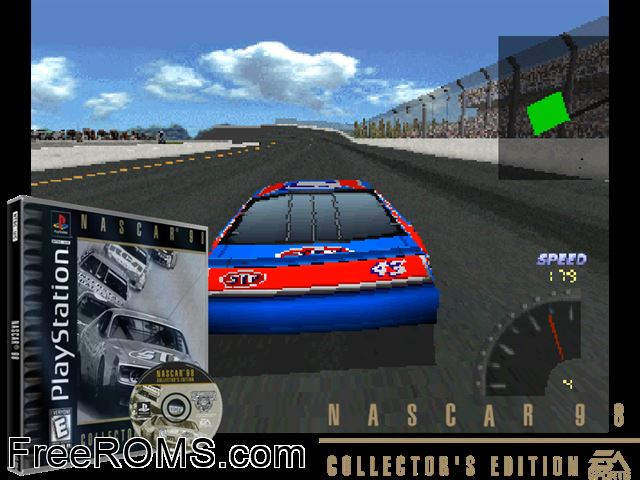 NASCAR '98 - Collector's Edition PSX game showing 3D box cover and gameplay screenshot