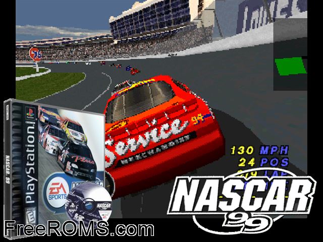 NASCAR '99 PSX game showing 3D box cover and gameplay screenshot