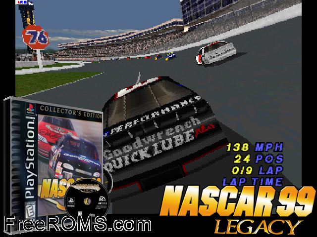 NASCAR '99 Legacy PSX game showing 3D box cover and gameplay screenshot