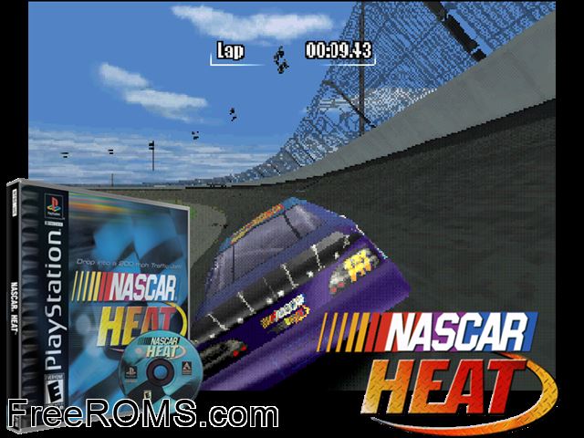NASCAR Heat PSX game showing 3D box cover and gameplay screenshot
