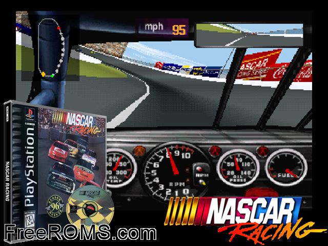 Nascar Racing PSX game showing 3D box cover and gameplay screenshot