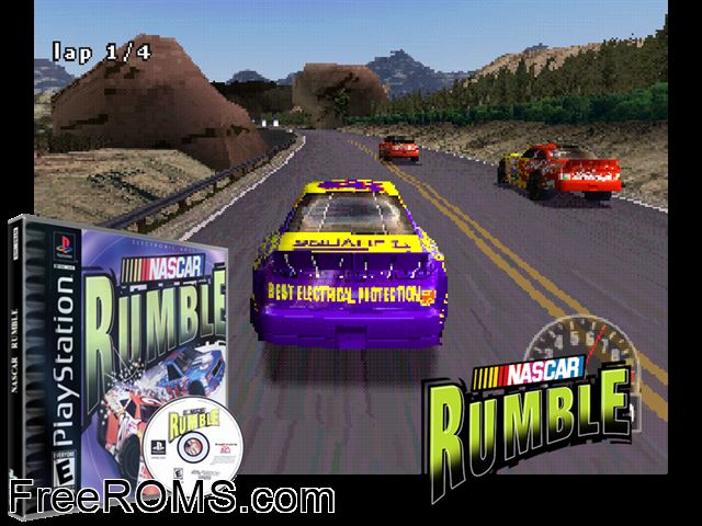 NASCAR Rumble PSX game showing 3D box cover and gameplay screenshot