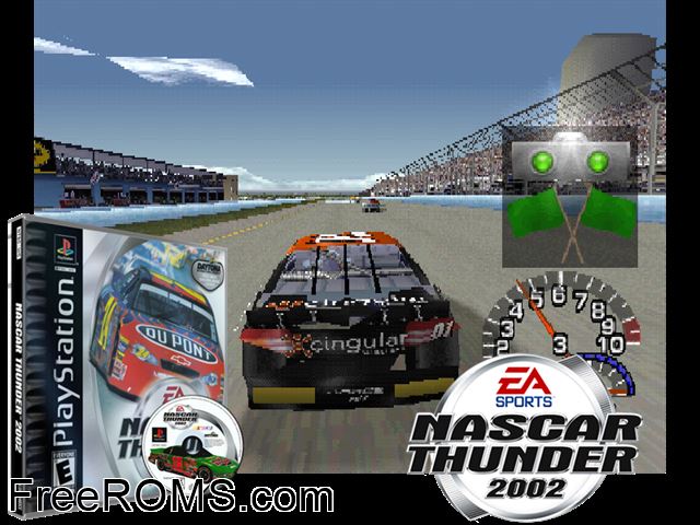 NASCAR Thunder 2002 PSX game showing 3D box cover and gameplay screenshot