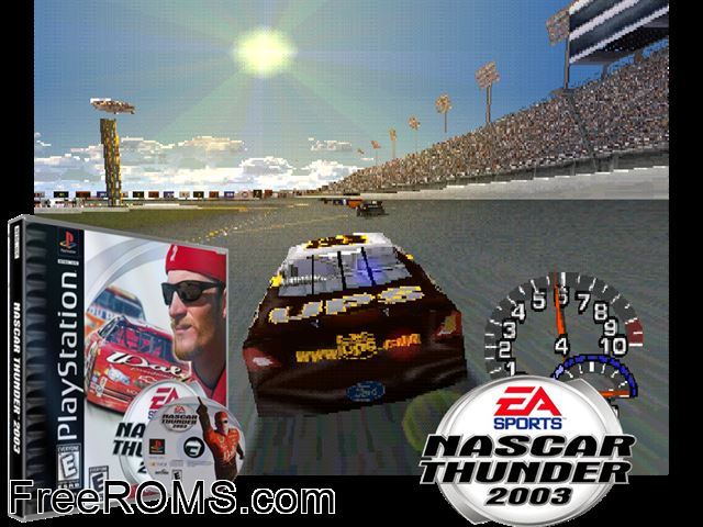 NASCAR Thunder 2003 PSX game showing 3D box cover and gameplay screenshot