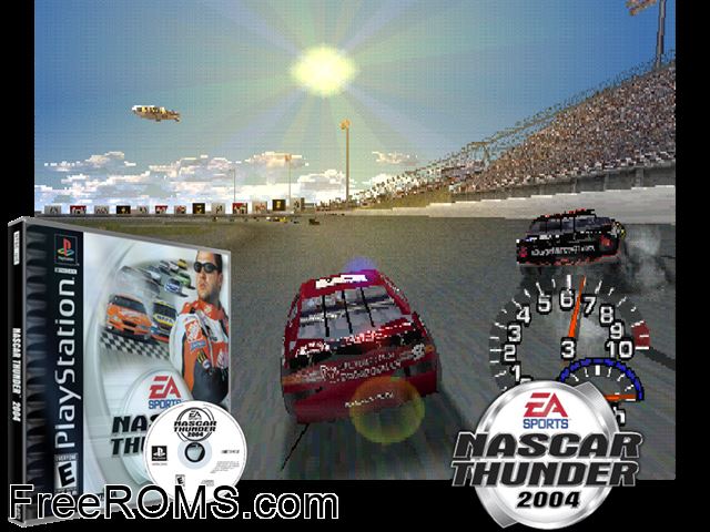 NASCAR Thunder 2004 PSX game showing 3D box cover and gameplay screenshot