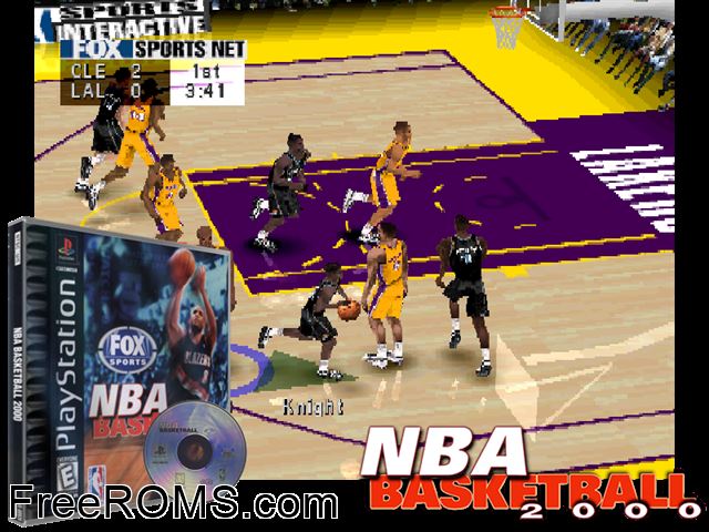 NBA Basketball 2000 PSX game showing 3D box cover and gameplay screenshot