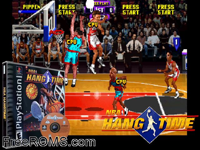NBA Hangtime PSX game showing 3D box cover and gameplay screenshot