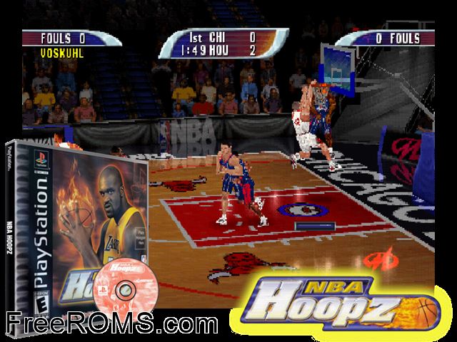 NBA Hoopz PSX game showing 3D box cover and gameplay screenshot
