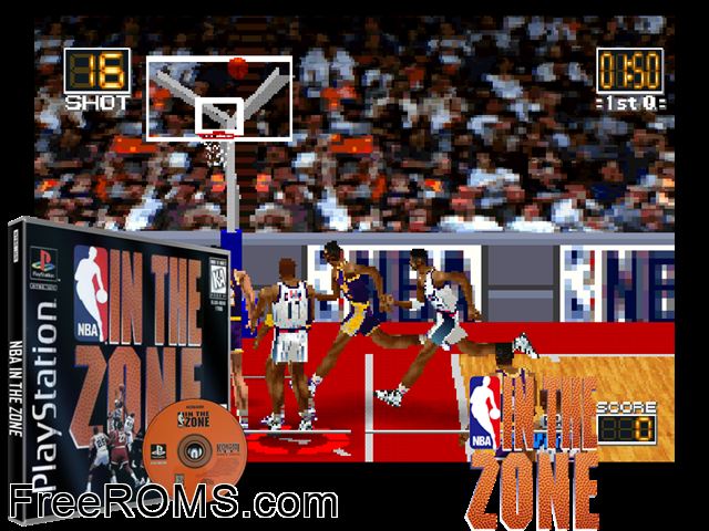 NBA In the Zone PSX game showing 3D box cover and gameplay screenshot