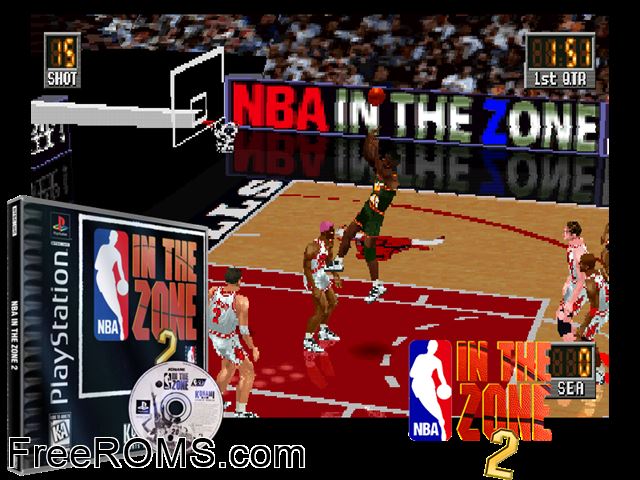 NBA In The Zone 2 PSX game showing 3D box cover and gameplay screenshot