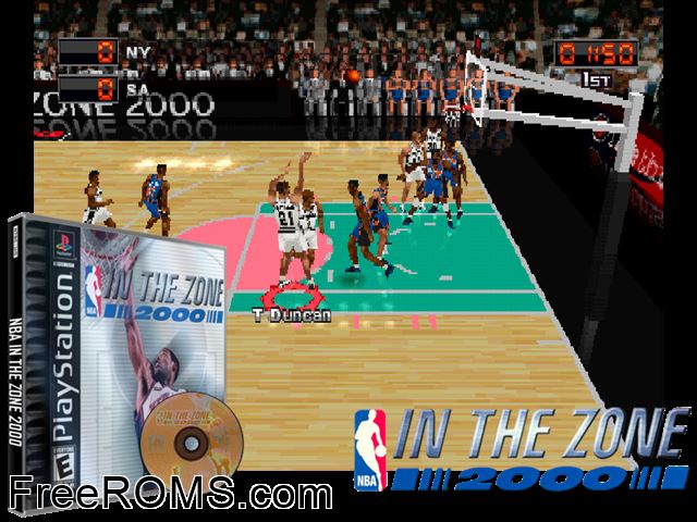 NBA In the Zone 2000 PSX game showing 3D box cover and gameplay screenshot