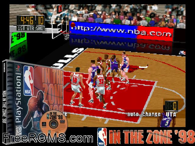 NBA In the Zone '98 PSX game showing 3D box cover and gameplay screenshot
