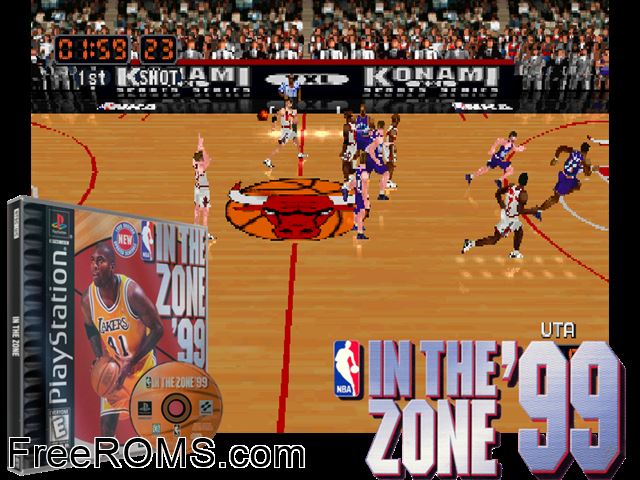 NBA In The Zone 99 PSX game showing 3D box cover and gameplay screenshot