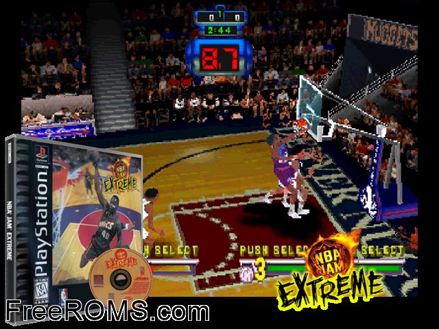 NBA Jam - Extreme PSX game showing 3D box cover and gameplay screenshot