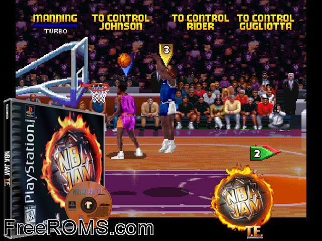 NBA Jam T.E. PSX game showing 3D box cover and gameplay screenshot