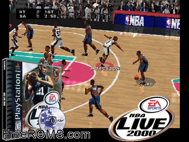 NBA_Live_2000_(NTSC-U)_ PSX game showing 3D box cover and gameplay screenshot