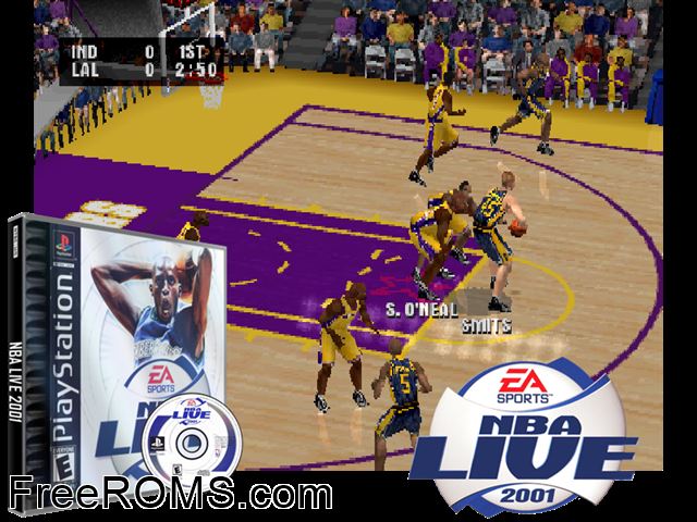 NBA Live 2001 PSX game showing 3D box cover and gameplay screenshot