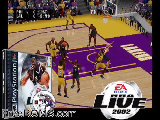 NBA Live 2002 PSX game showing 3D box cover and gameplay screenshot