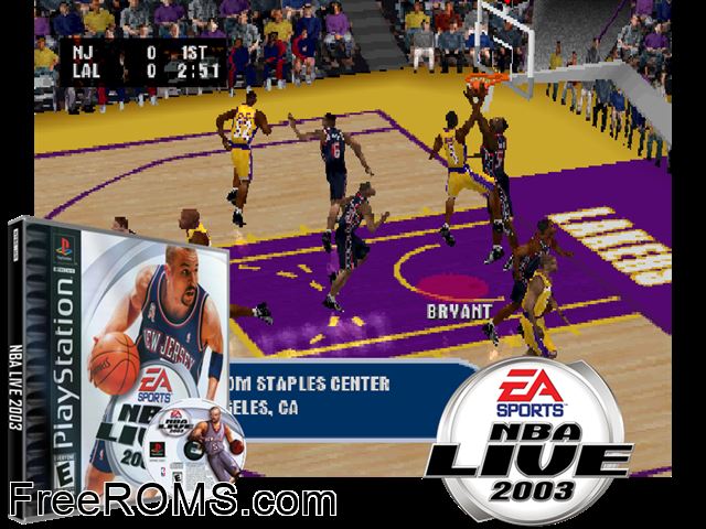 NBA Live 2003 PSX game showing 3D box cover and gameplay screenshot