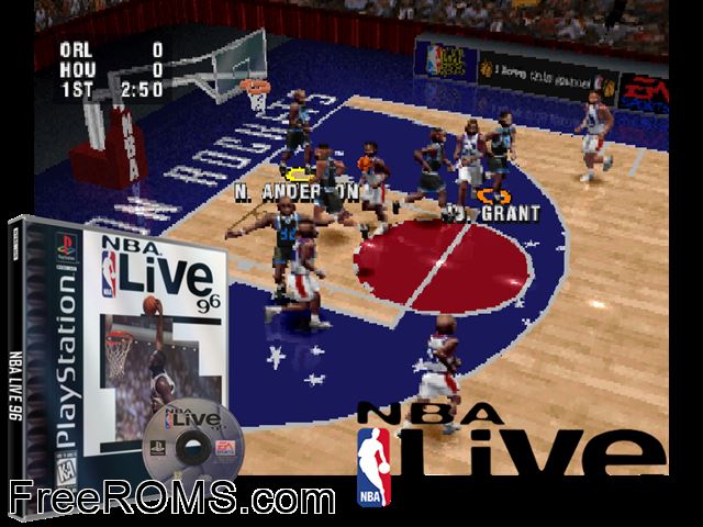 NBA Live 96 PSX game showing 3D box cover and gameplay screenshot